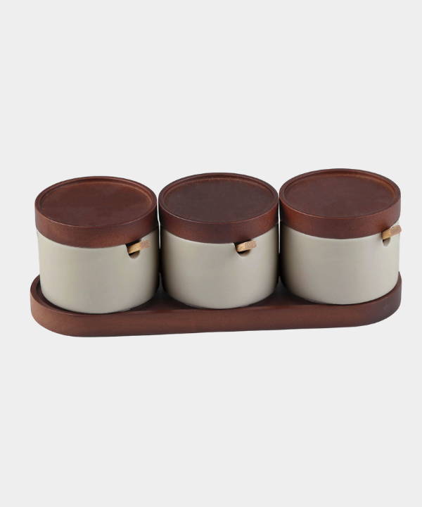 Terra keramische kruidenpotjes met acaciahouten houder