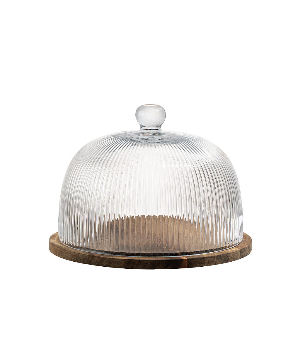 Cupola Glazen taartstolp met acaciahouten basis | Ø30,5 cm