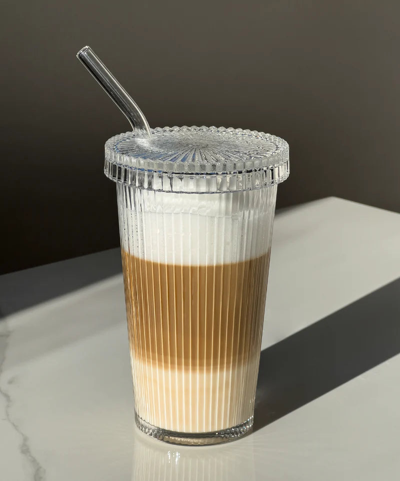 Ripple glazen beker met deksel + rietje | 375 ml