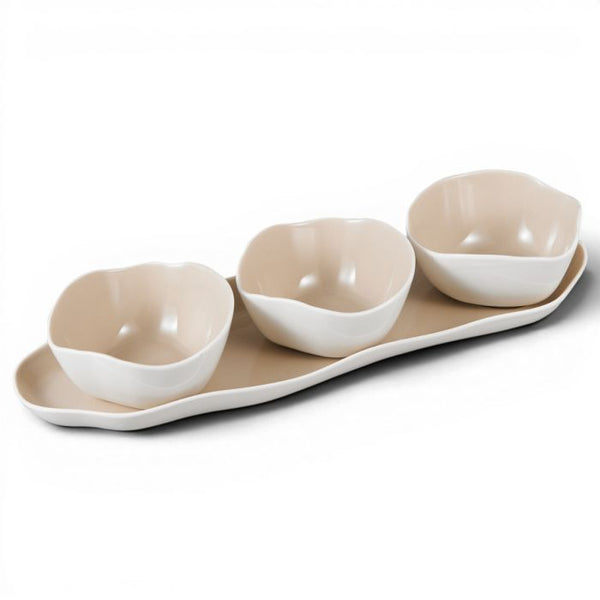 Bricard Bonnes Schaaltjesset 4-delig | Wit-Taupe Porselein | 3 Schaaltjes + Plateau