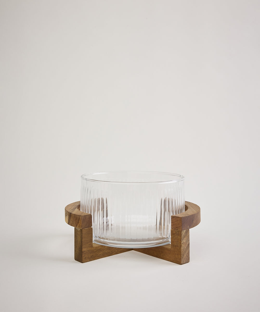 Ripple glazen saladeschaal met acacia houten houder