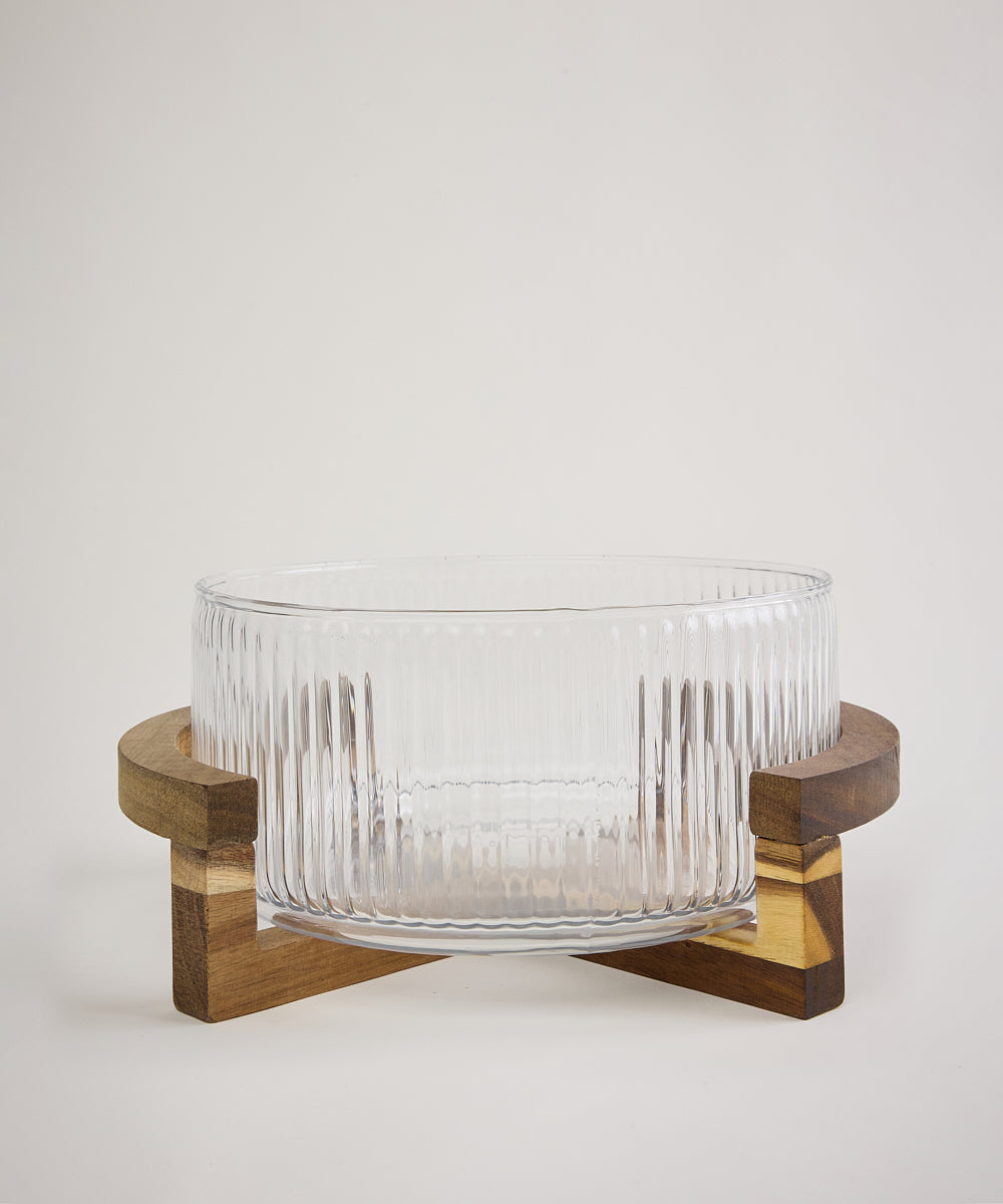 Ripple glazen saladeschaal met acacia houten houder