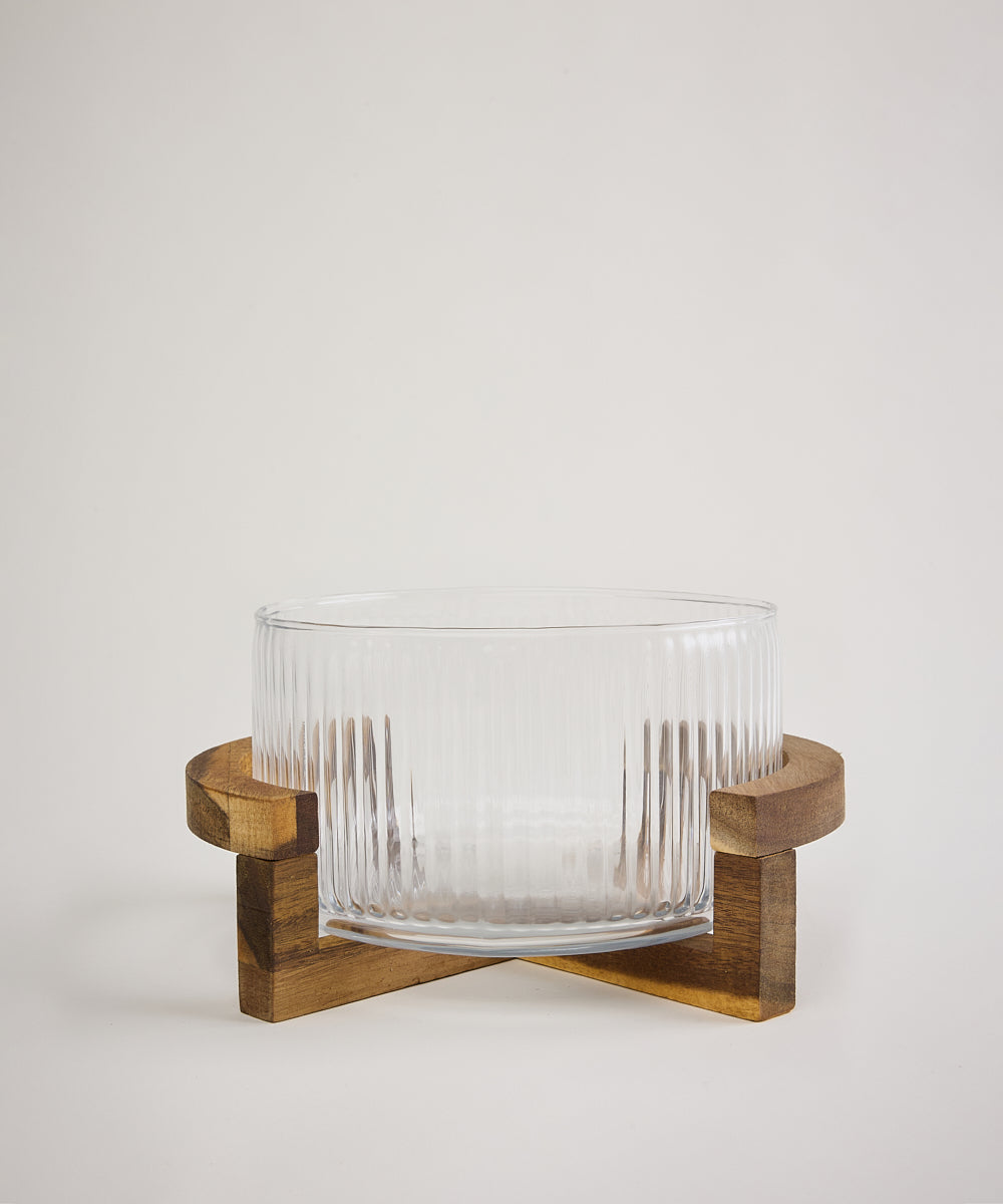 Ripple glazen saladeschaal met acacia houten houder