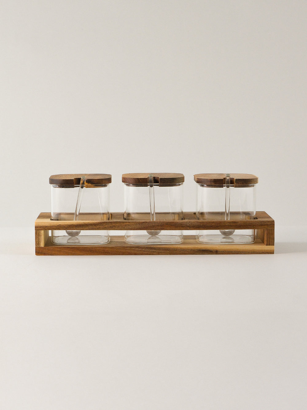 Acacia kruidenpotten set met lepels en houder | 3 stuks