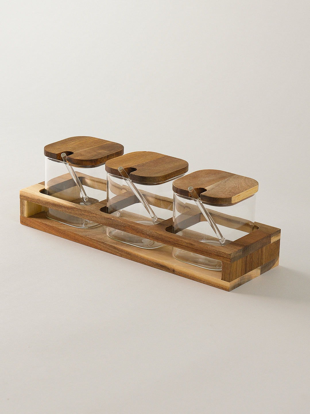 Acacia kruidenpotten set met lepels en houder | 3 stuks