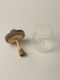 Stripe glazen honingpot met acaciahouten deksel en lepel | 500 ml