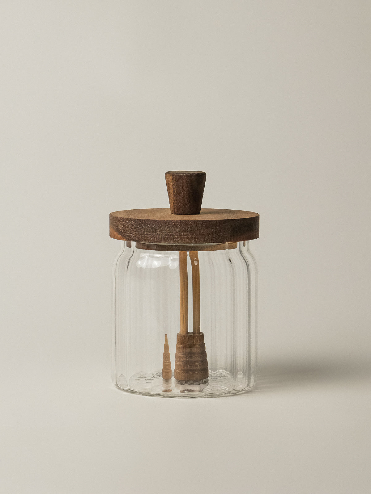 Stripe glazen honingpot met acaciahouten deksel en lepel | 500 ml