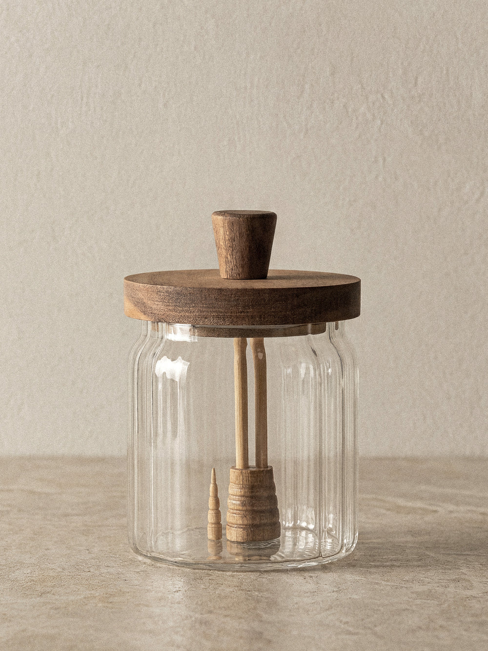 Stripe glazen honingpot met acaciahouten deksel en lepel | 500 ml