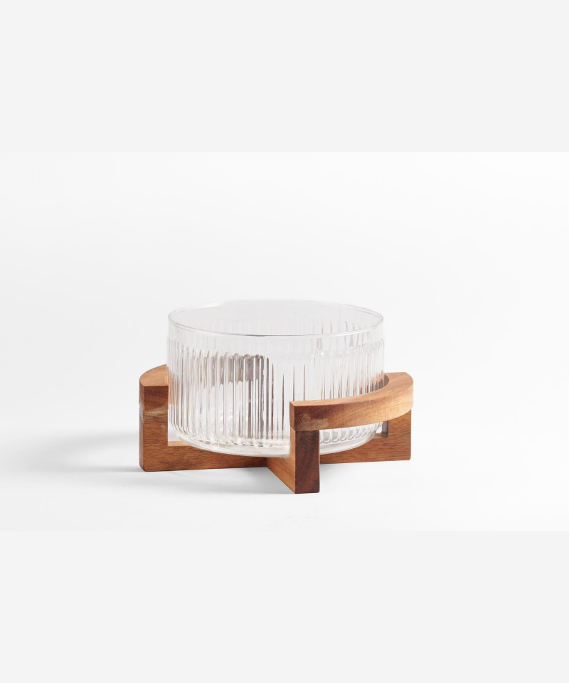 Ripple glazen saladeschaal met acacia houten houder