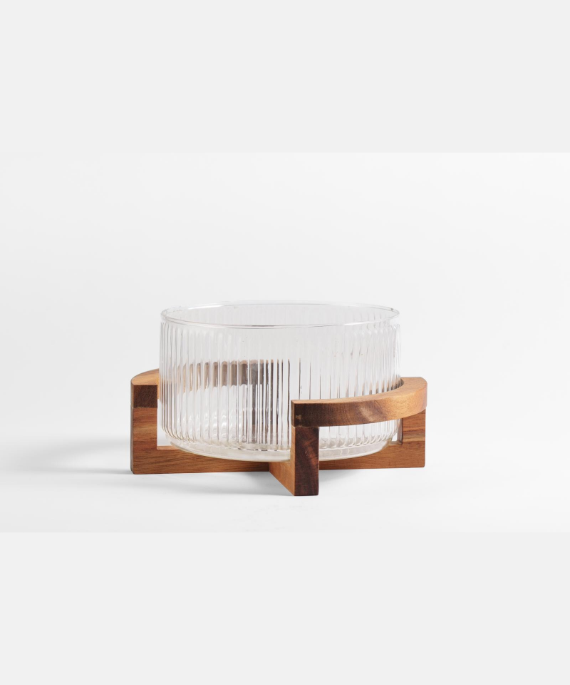 Ripple glazen saladeschaal met acacia houten houder