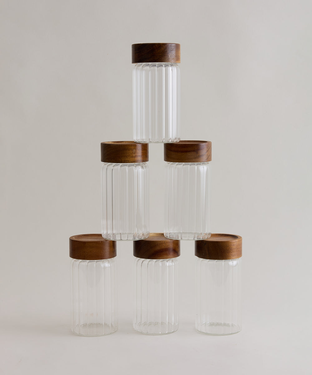 Space Stripe Kruidenpotjes Set van 6 | Geribbeld Glas & Acaciahouten Schroefdeksel