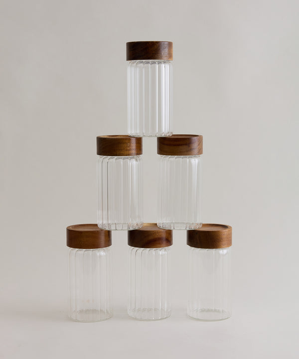 Space Stripe Kruidenpotjes Set van 6 | Geribbeld Glas & Acaciahouten Schroefdeksel