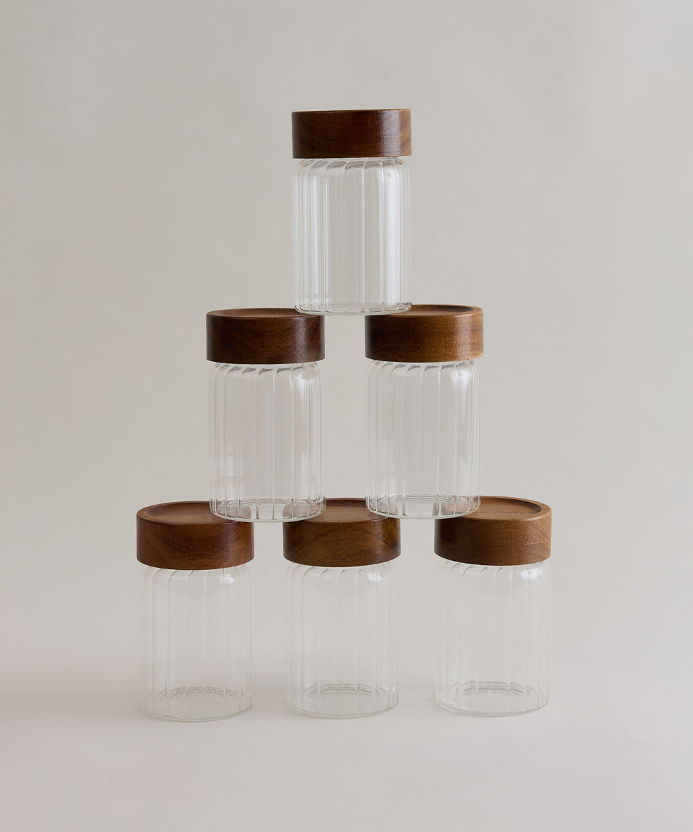 Space Stripe Kruidenpotjes Set van 6 | Geribbeld Glas & Acaciahouten Schroefdeksel