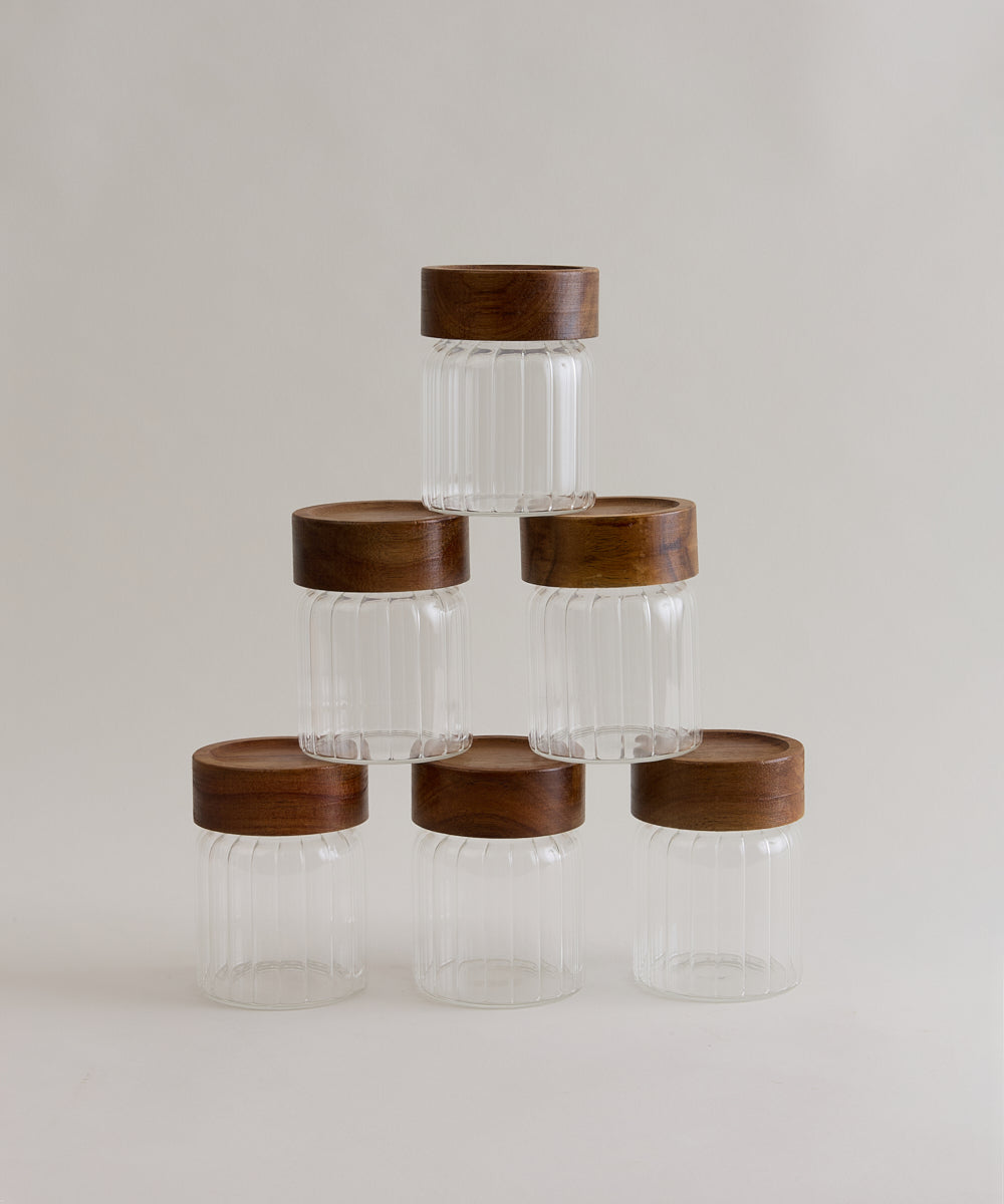 Space Stripe Kruidenpotjes Set van 6 | Geribbeld Glas & Acaciahouten Schroefdeksel