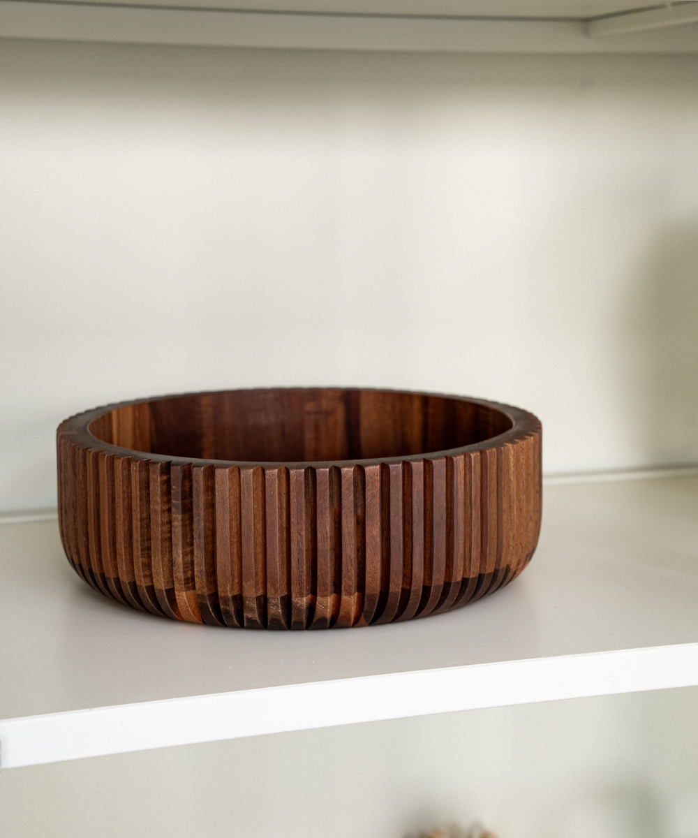 Acaciahouten stripe schaal – luxe houten kom met rillen Ø26 cm