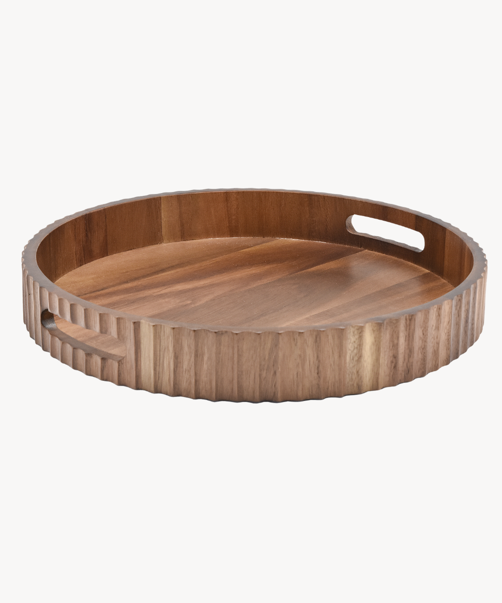 Acaciahouten stripe dienblad – rond houten serveerblad Ø 35,5 cm