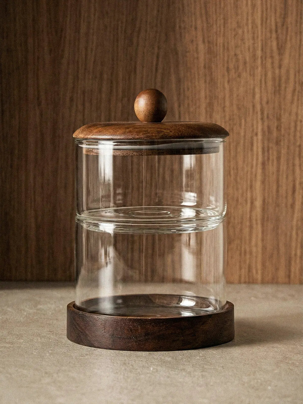 Cavo glazen opbergpot met acacia houten deksel en houder – 2-Laags