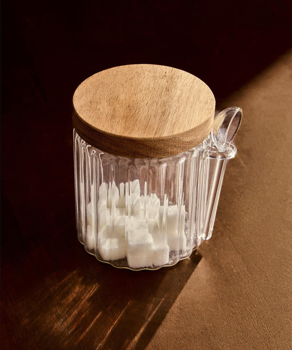 Suikerpot Geribbeld Glas met Acaciahouten Deksel & Lepeltje | 500 ml 