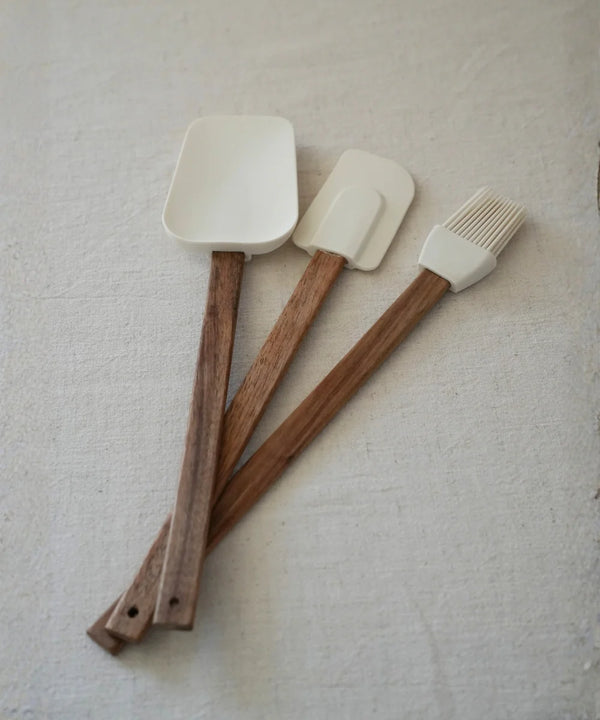 Acacia Spatel & Borstelset 3-delig – Siliconen met Houten Handvatten