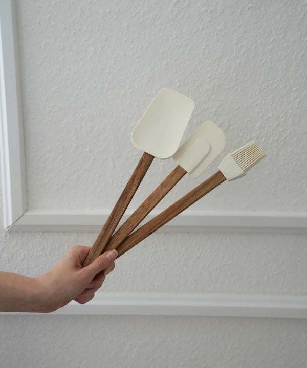 Acacia Spatel & Borstelset 3-delig – Siliconen met Houten Handvatten