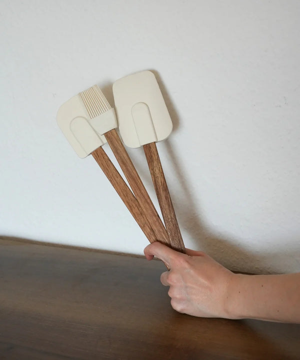 Acacia Spatel & Borstelset 3-delig – Siliconen met Houten Handvatten