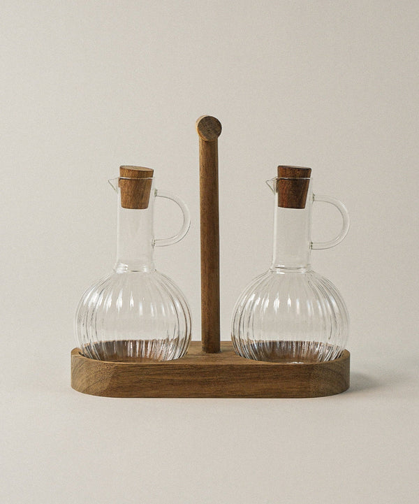 Acacia houten olie-en-azijnstel | Borosilicaatglas