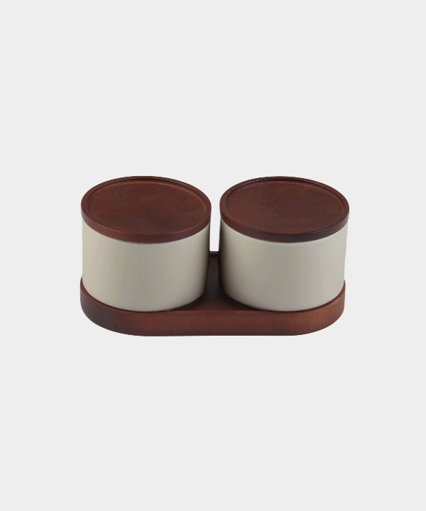 Terra Duo bewaarset – keramiek met acaciahouten deksels en houder