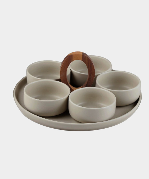 Terra keramische borrelset met acaciahouten handvat | 6-delig