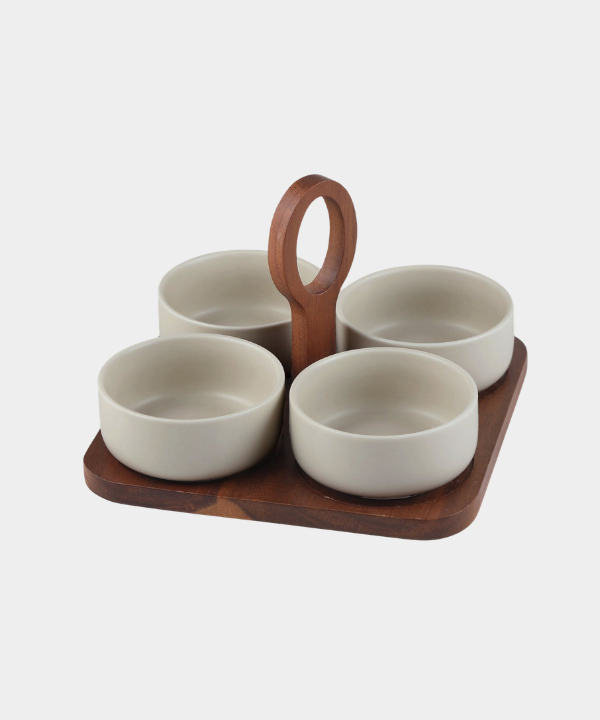 Terra keramische borrelset met acaciahouten handvat