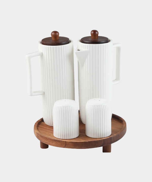 Linens olie- & azijnflessen set met zout- en peperstel – Acaciahouten standaard