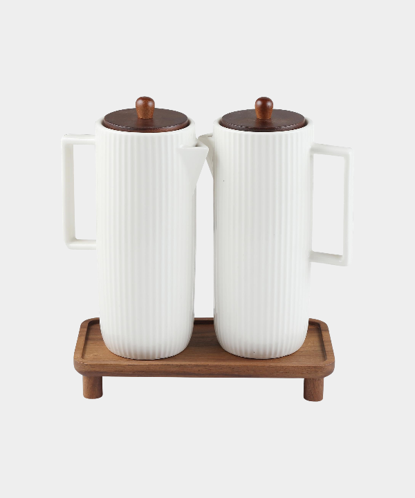 Linens olie- & azijnflessen set met acaciahouten standaard