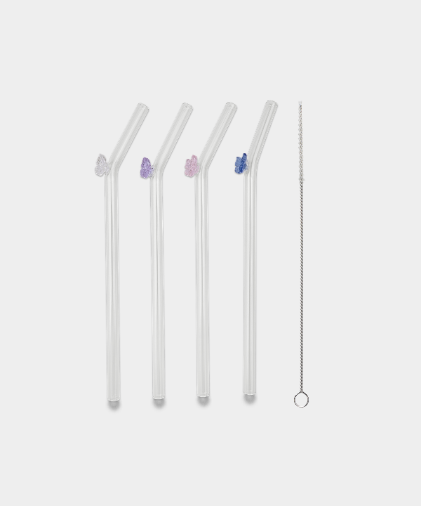 Glazen rietjes met vlinderdetail – Set van 4 stuks