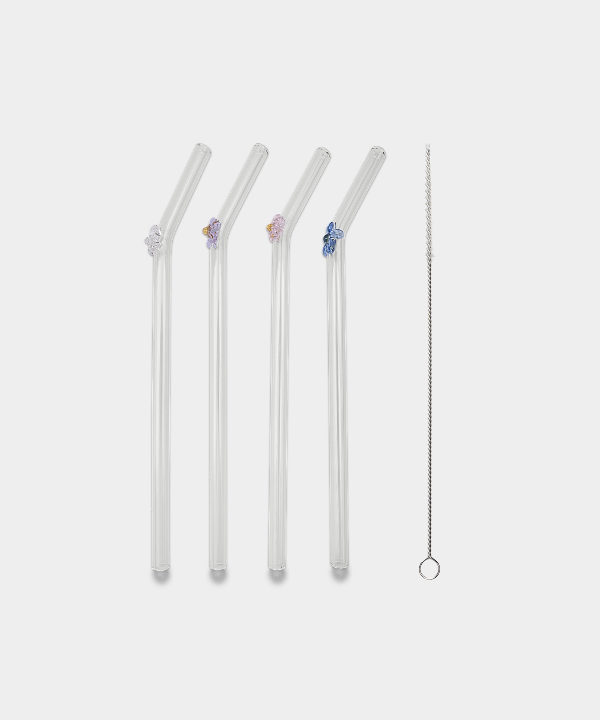 Glazen rietjes met bloemdetail – Set van 4 stuks