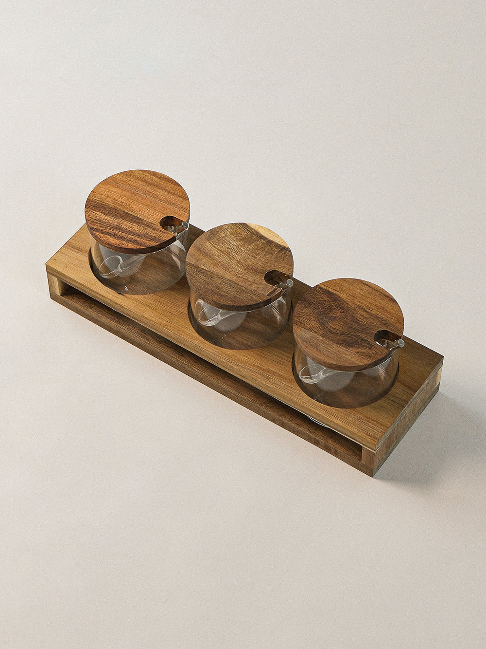 Acacia kruidenpotten set met lepels en houder | rond | 3 stuks