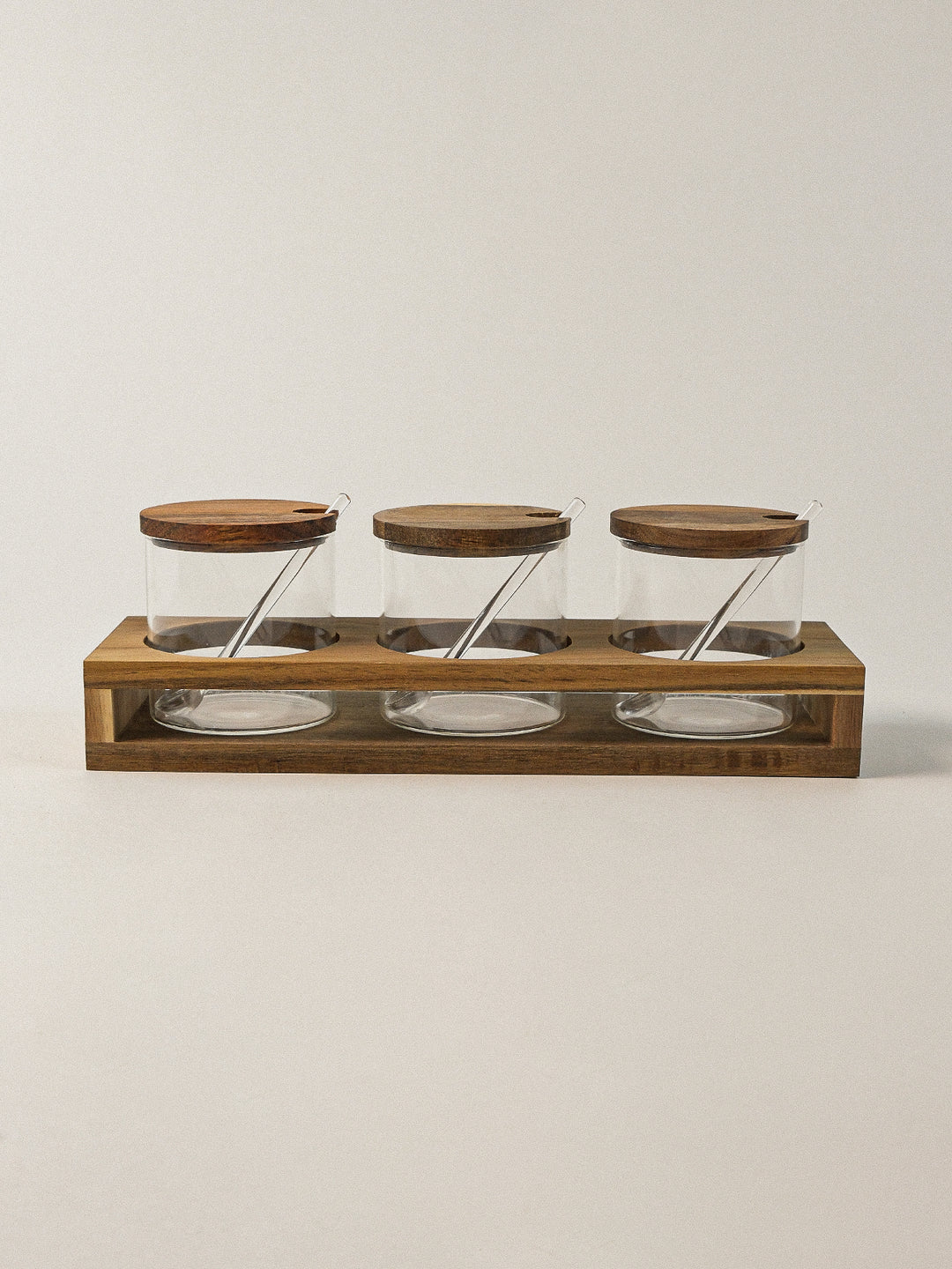 Acacia kruidenpotten set met lepels en houder | rond | 3 stuks