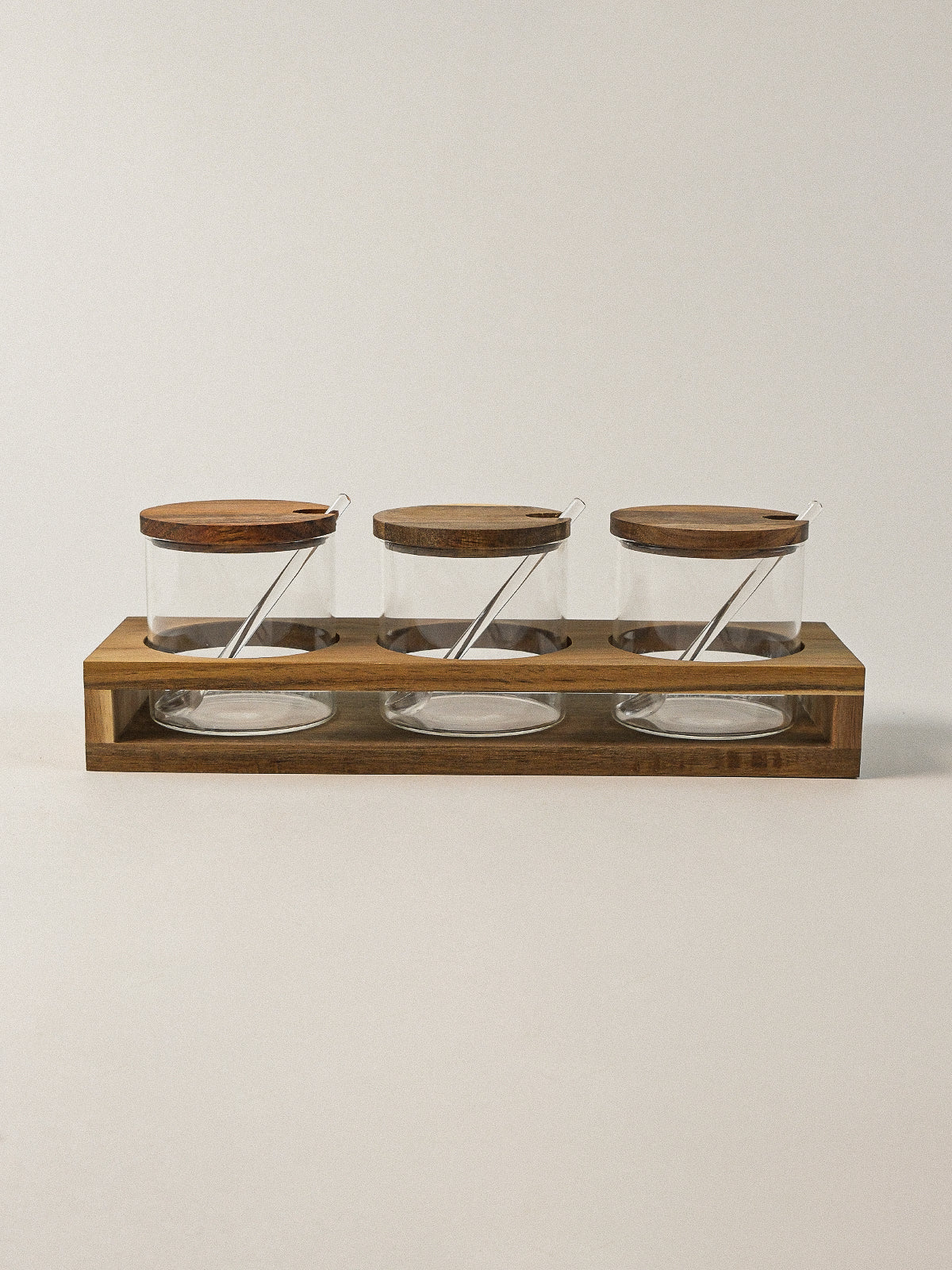 Acacia kruidenpotten set met lepels en houder | rond | 3 stuks