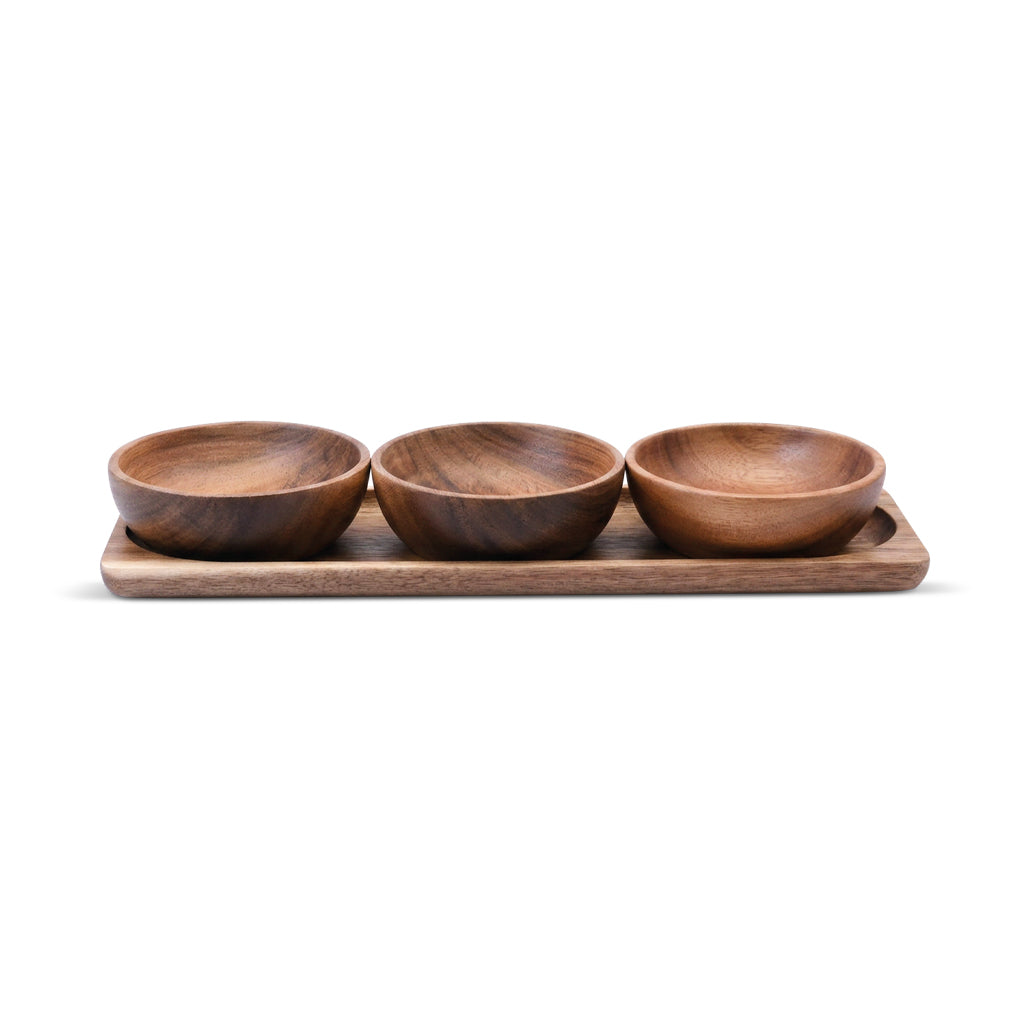 Acacia Bedum Schalenset – 3 Houten Kommetjes met Dienblad