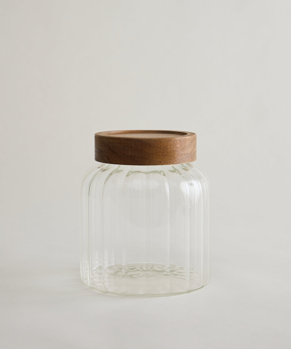Foresta Voorraadpot Geribbeld glas · Acaciahouten schroefdeksel