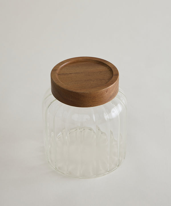 Foresta Voorraadpot Geribbeld glas · Acaciahouten schroefdeksel