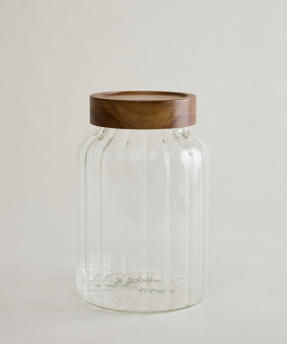 Foresta Voorraadpot Geribbeld glas · Acaciahouten schroefdeksel