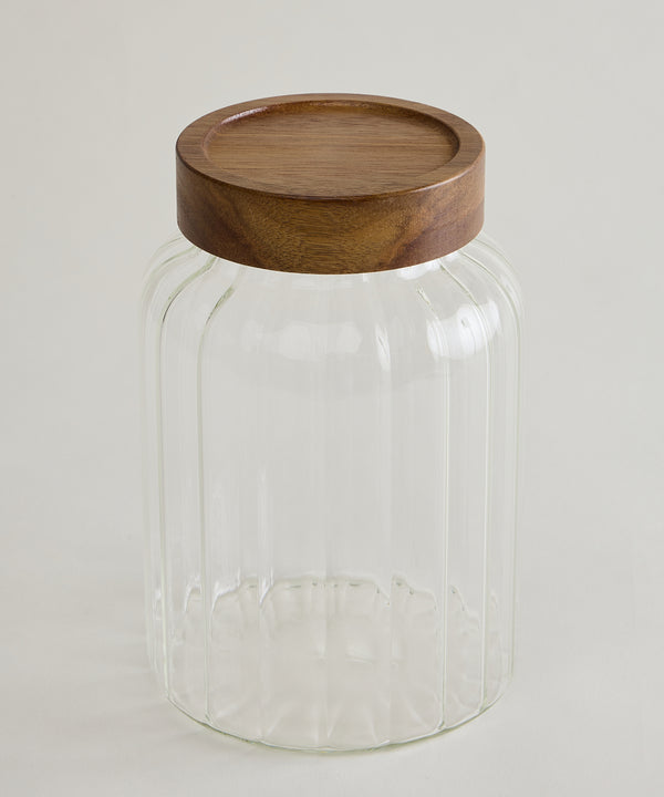 Foresta Voorraadpot Geribbeld glas · Acaciahouten schroefdeksel