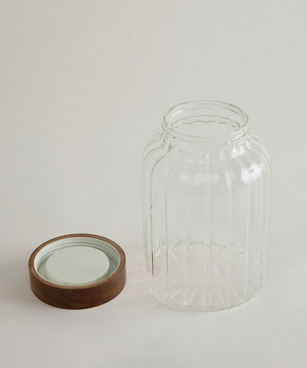 Foresta Voorraadpot Geribbeld glas · Acaciahouten schroefdeksel
