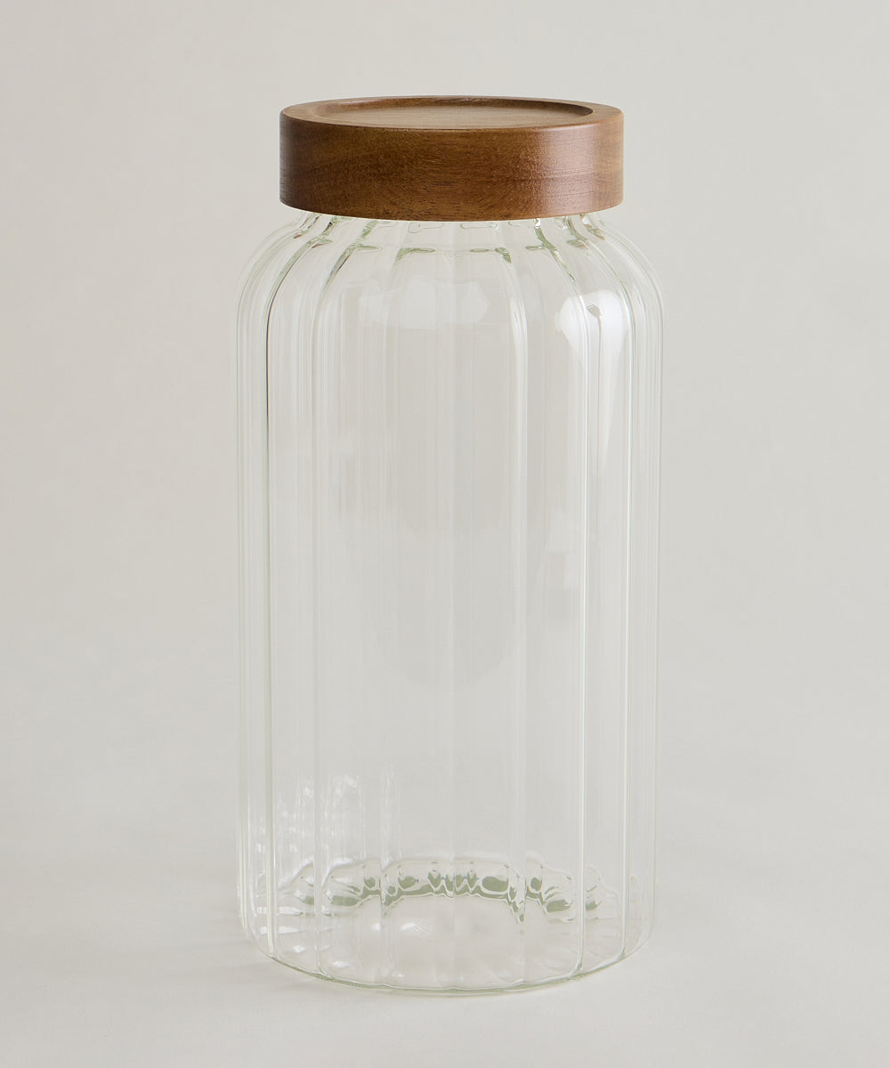 Foresta Voorraadpot Geribbeld glas · Acaciahouten schroefdeksel