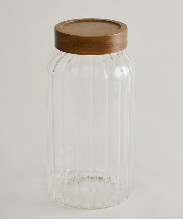 Foresta Voorraadpot Geribbeld glas · Acaciahouten schroefdeksel