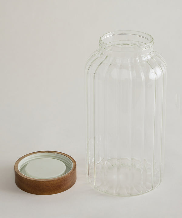 Foresta Voorraadpot Geribbeld glas · Acaciahouten schroefdeksel