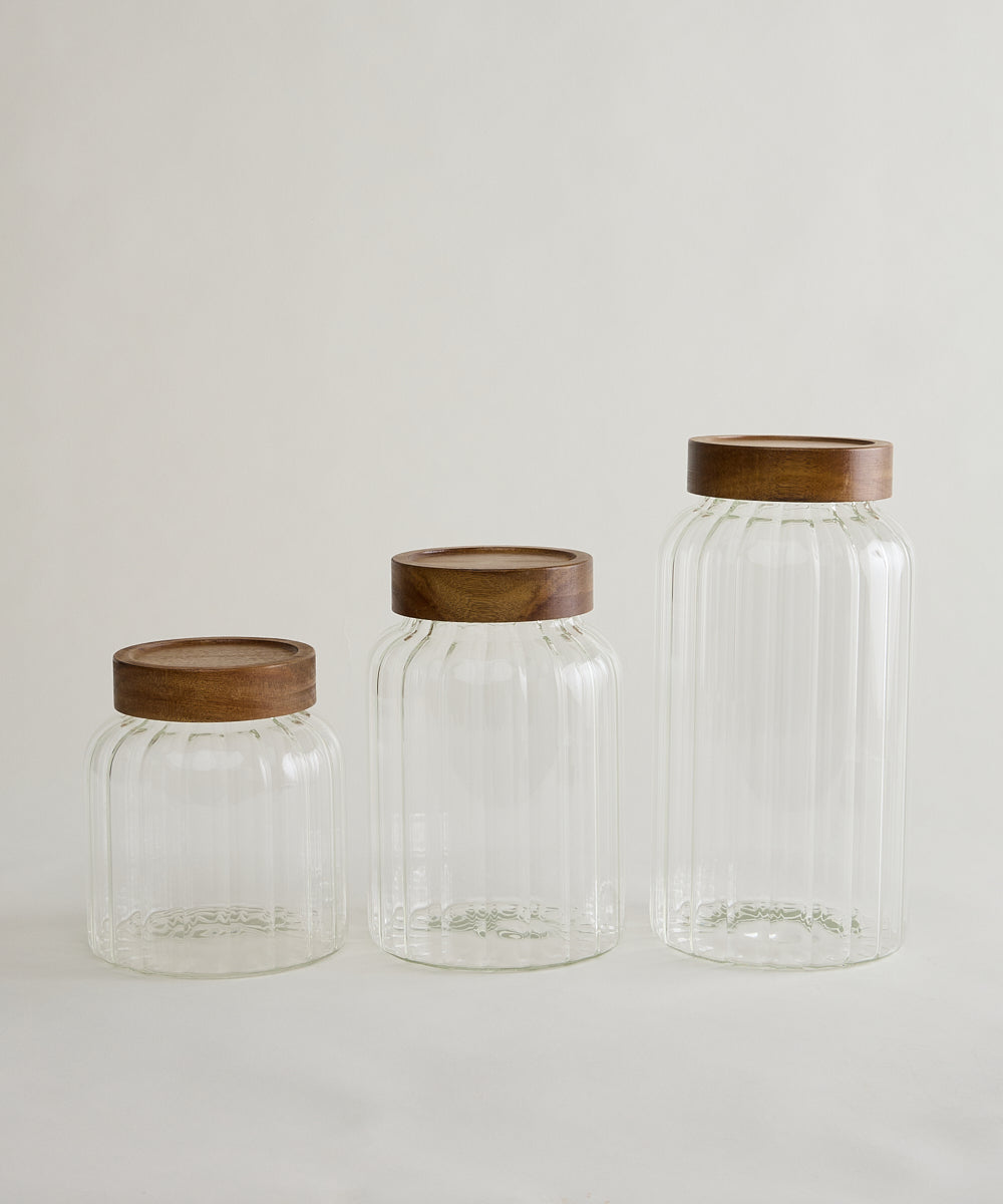 Foresta Voorraadpot Geribbeld glas · Acaciahouten schroefdeksel