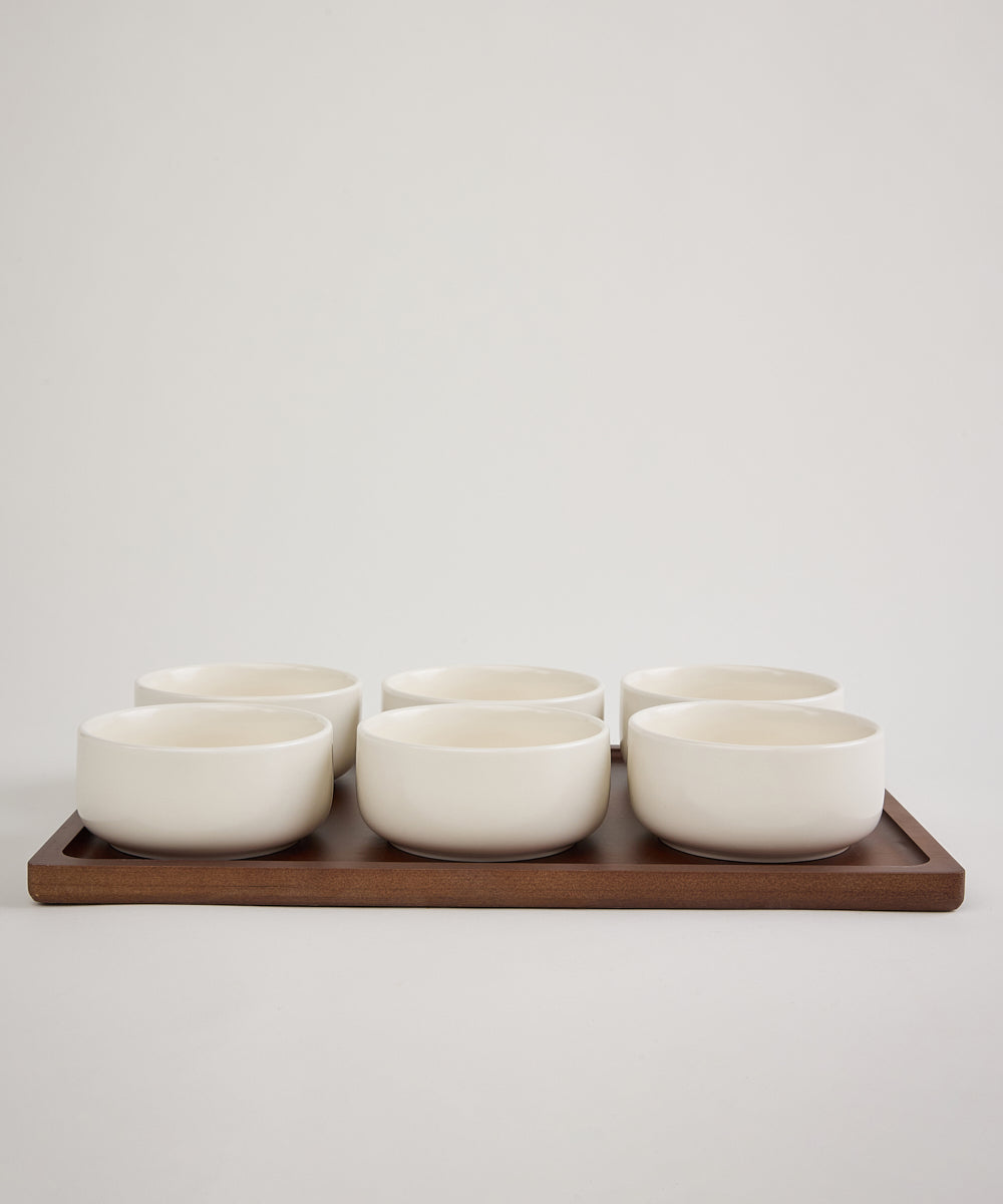Sora Keramische Schalenset met Houten Dienblad | 6 Schalen