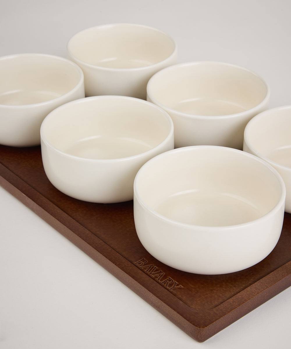 Sora Keramische Schalenset met Houten Dienblad | 6 Schalen