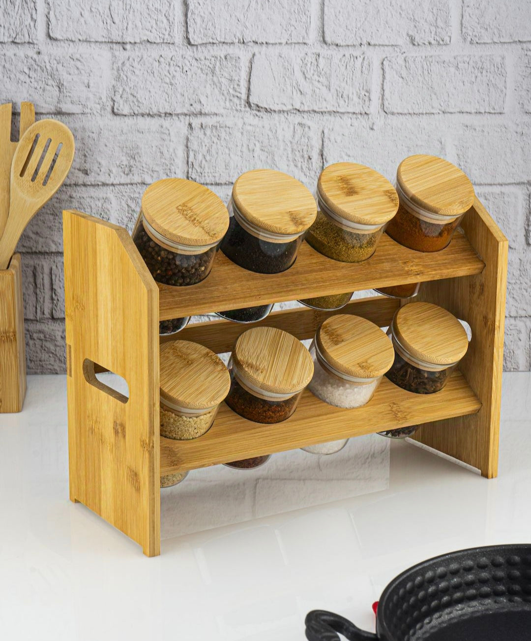 Bamboe kruidenrek met 8 glazen kruidenpotjes