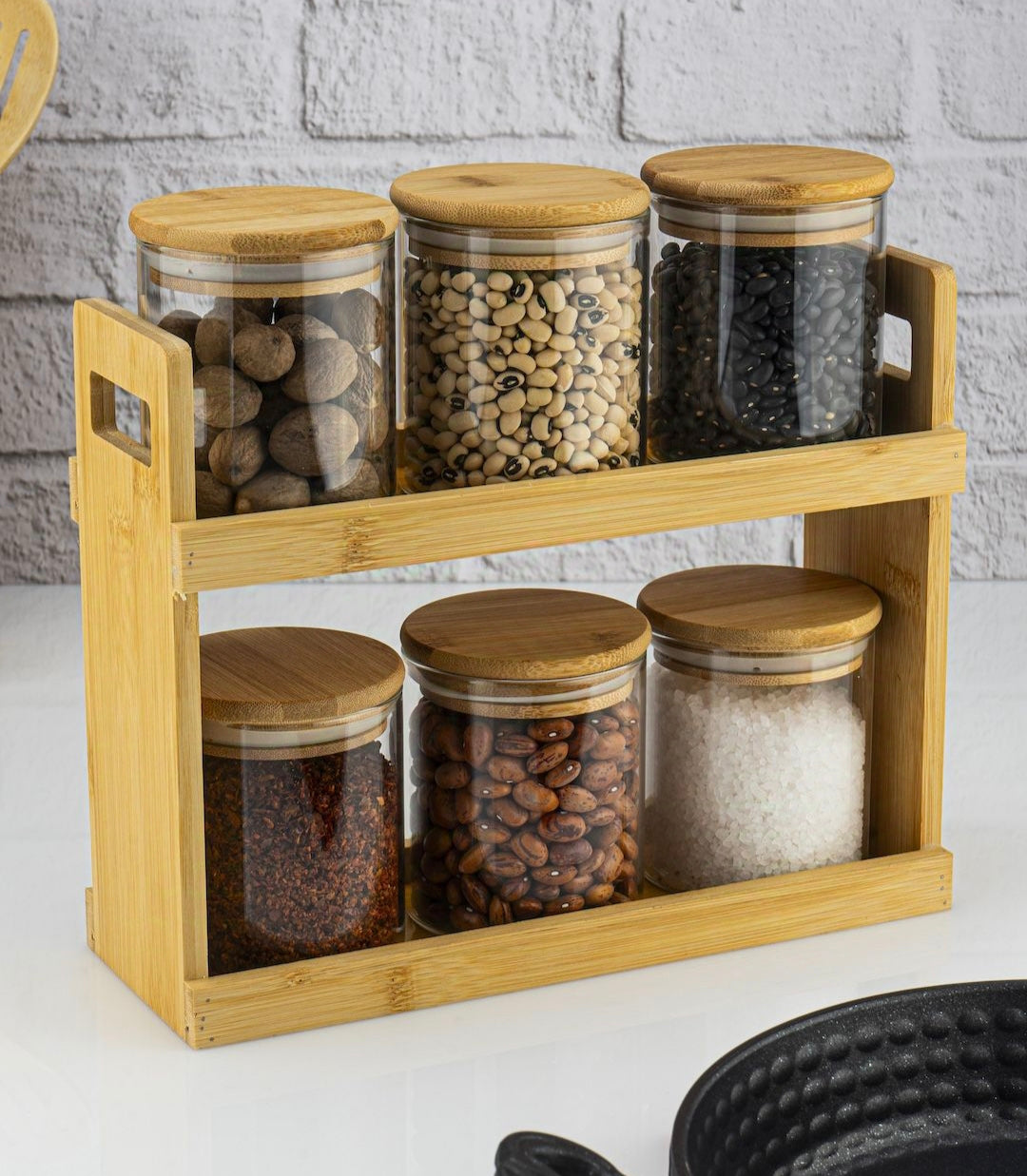 Bamboe kruidenrek met 6 glazen kruidenpotjes